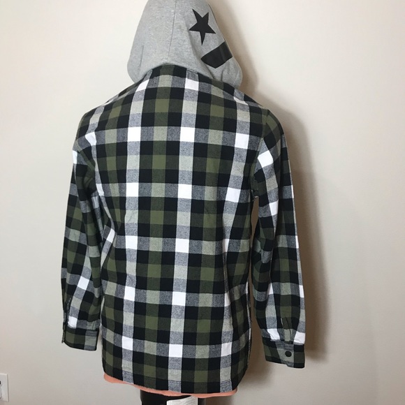 Converse Hooded Shirt Jacket Black Green M AUTHENT - Picture 2 of 5